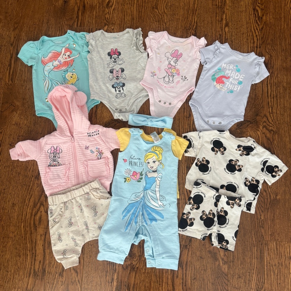 Disney Baby Mix - Pastel Onesie & Outfit Bundle (Ariel, Minnie, Cinderella)